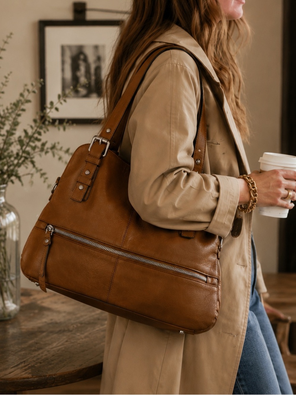 b. makowsky Tan Leather Shoulder Tote with Front Zip